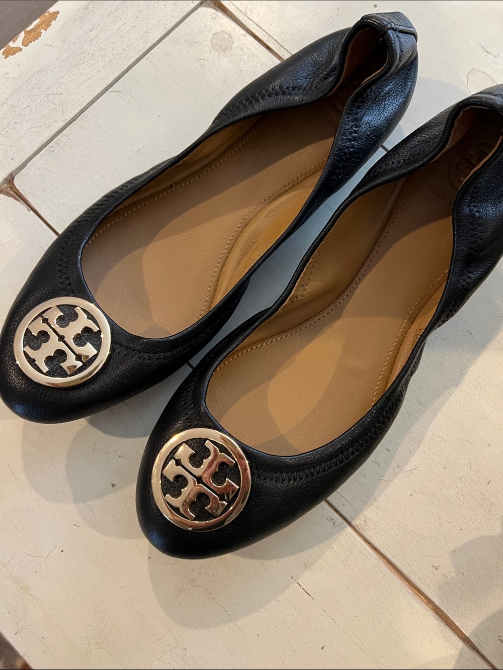 Tory Burch Black Leather Ballet Flats with Gold Logo